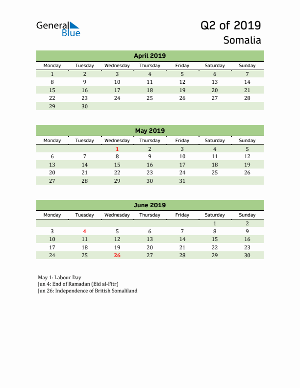 Quarterly Calendar 2019 with Somalia Holidays