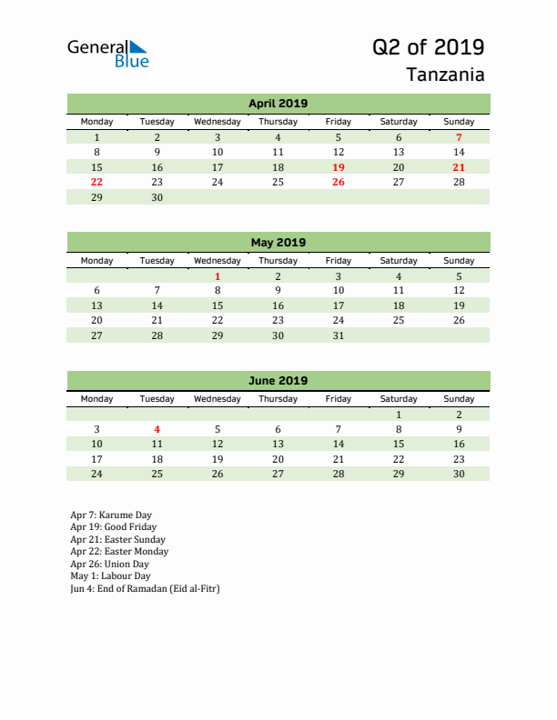 Quarterly Calendar 2019 with Tanzania Holidays