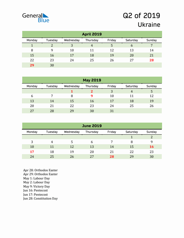 Quarterly Calendar 2019 with Ukraine Holidays