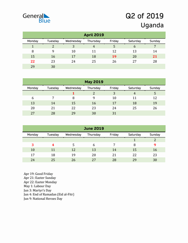 Quarterly Calendar 2019 with Uganda Holidays