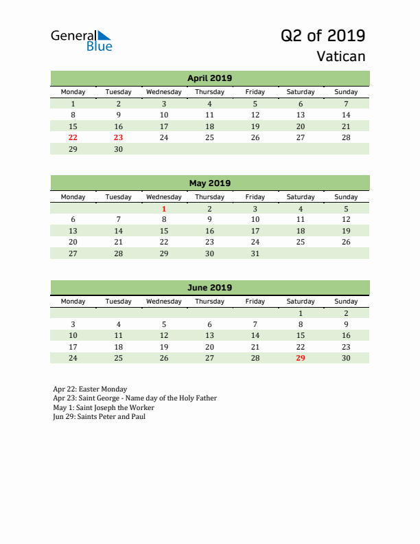 Quarterly Calendar 2019 with Vatican Holidays