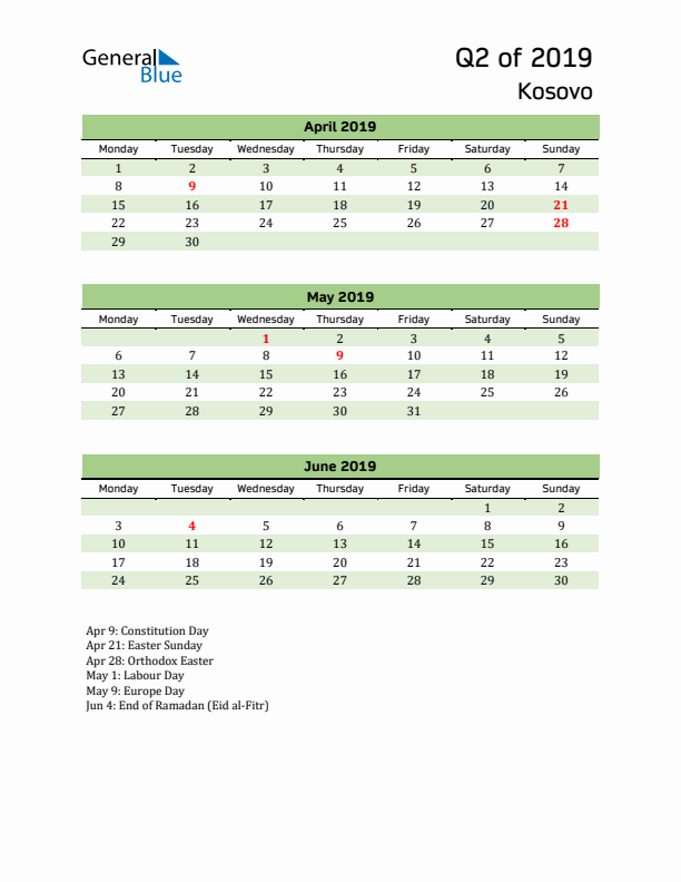 Quarterly Calendar 2019 with Kosovo Holidays