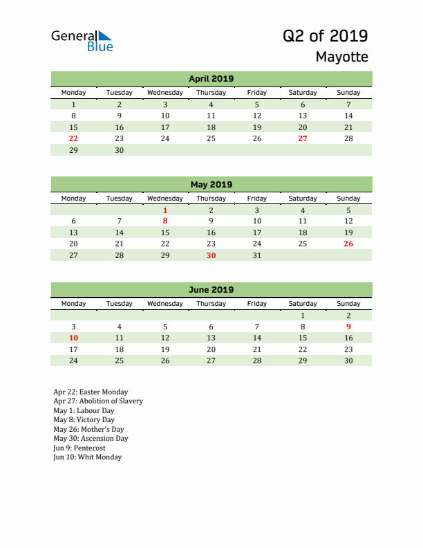 Quarterly Calendar 2019 with Mayotte Holidays