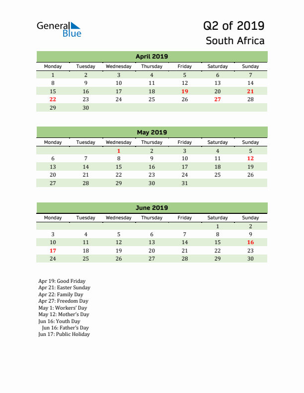 Quarterly Calendar 2019 with South Africa Holidays