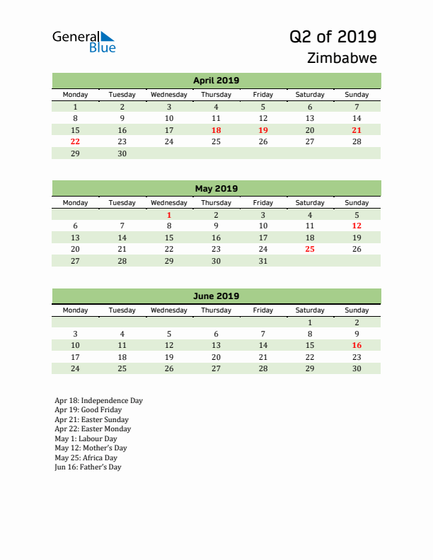 Quarterly Calendar 2019 with Zimbabwe Holidays