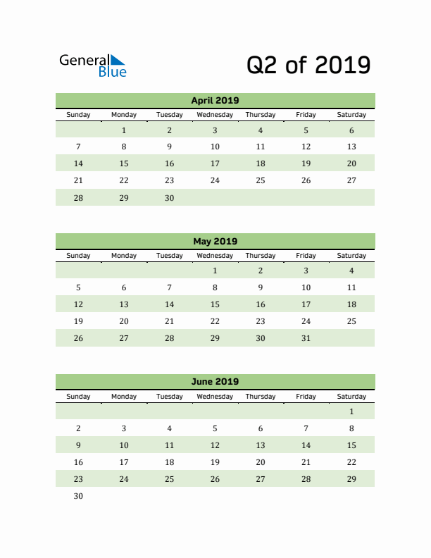 Printable Quarterly Calendar (Q2 2019)