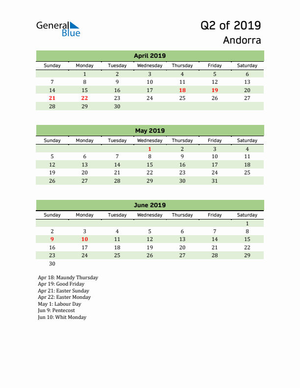 Quarterly Calendar 2019 with Andorra Holidays