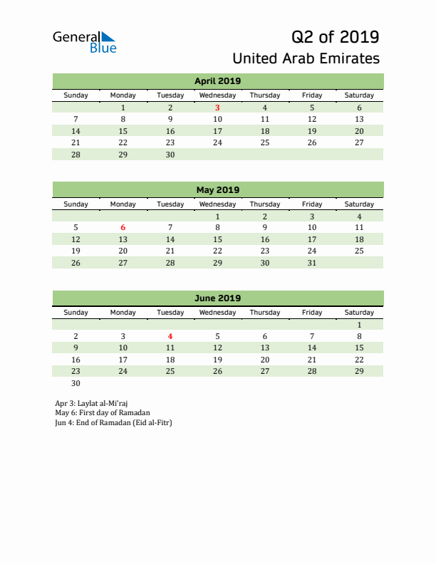 Quarterly Calendar 2019 with United Arab Emirates Holidays