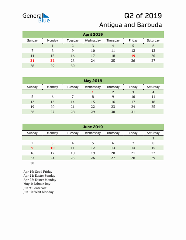 Quarterly Calendar 2019 with Antigua and Barbuda Holidays