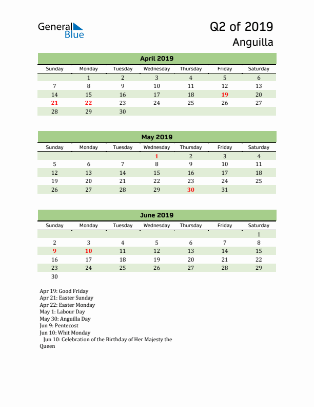 Quarterly Calendar 2019 with Anguilla Holidays