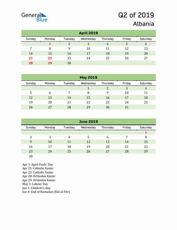 Quarterly Calendar 2019 with Albania Holidays