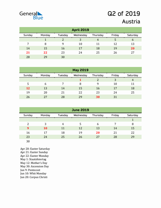 Quarterly Calendar 2019 with Austria Holidays