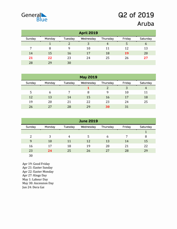 Quarterly Calendar 2019 with Aruba Holidays