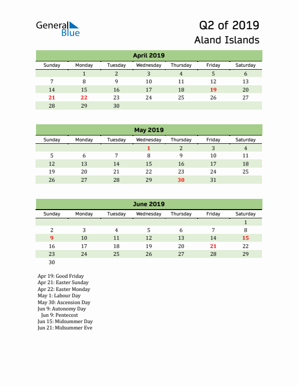 Quarterly Calendar 2019 with Aland Islands Holidays