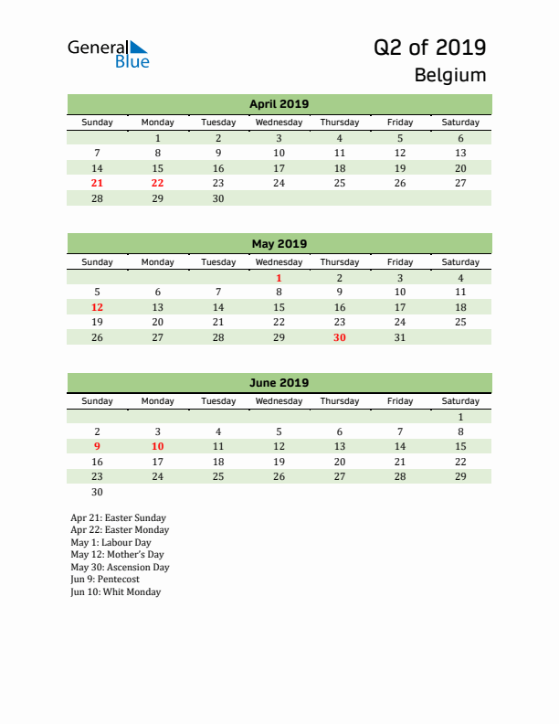 Quarterly Calendar 2019 with Belgium Holidays