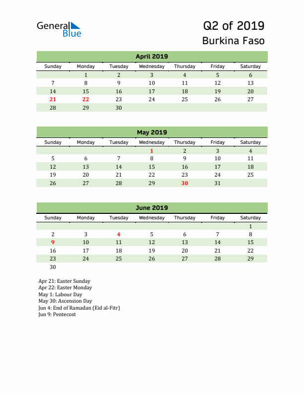 Quarterly Calendar 2019 with Burkina Faso Holidays