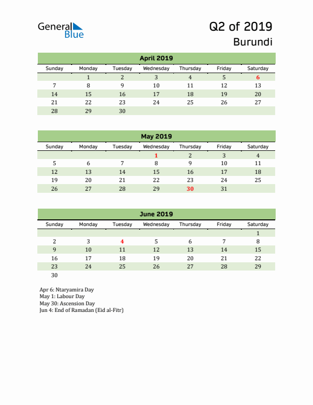 Quarterly Calendar 2019 with Burundi Holidays