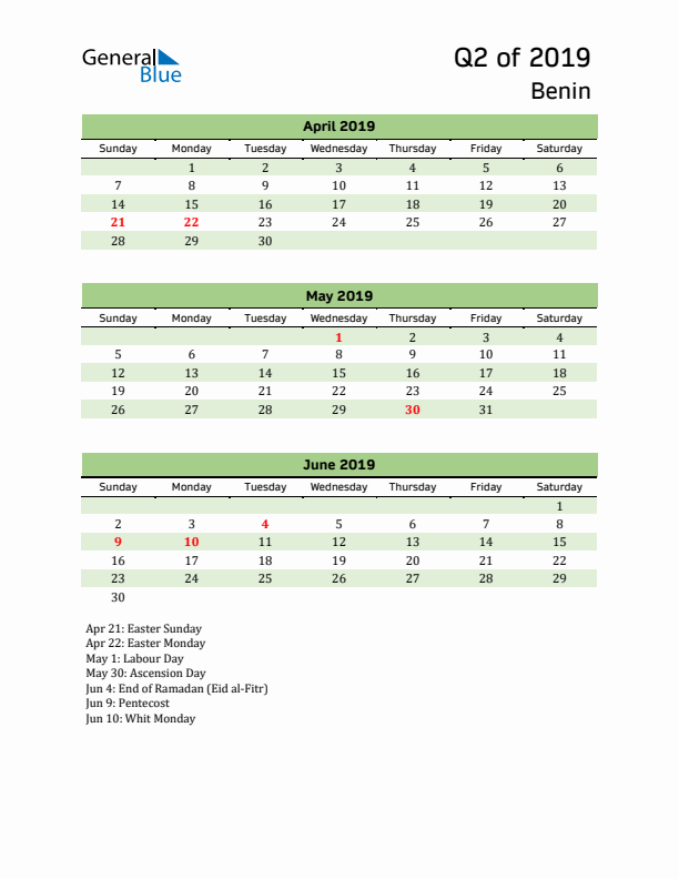 Quarterly Calendar 2019 with Benin Holidays