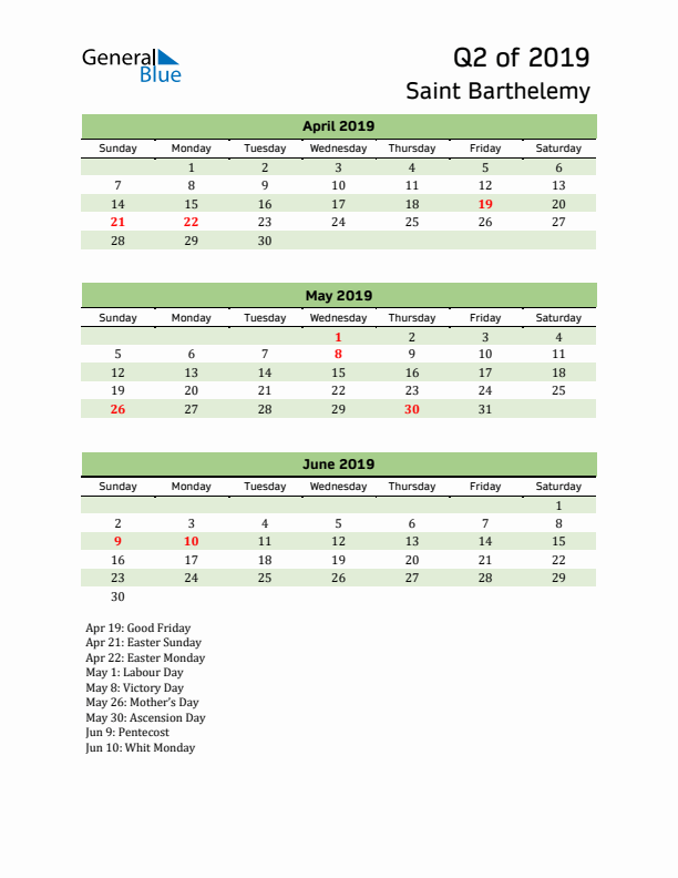 Quarterly Calendar 2019 with Saint Barthelemy Holidays