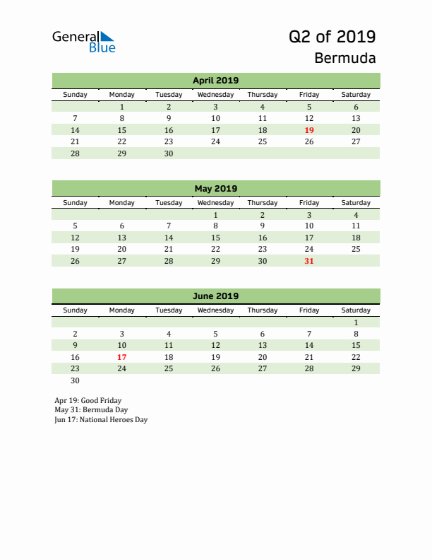 Quarterly Calendar 2019 with Bermuda Holidays