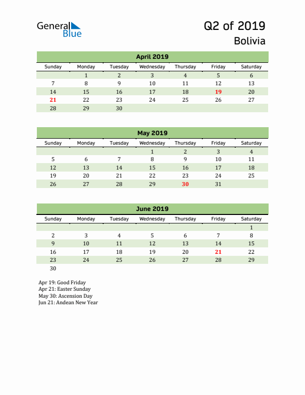 Quarterly Calendar 2019 with Bolivia Holidays