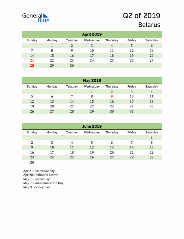 Quarterly Calendar 2019 with Belarus Holidays