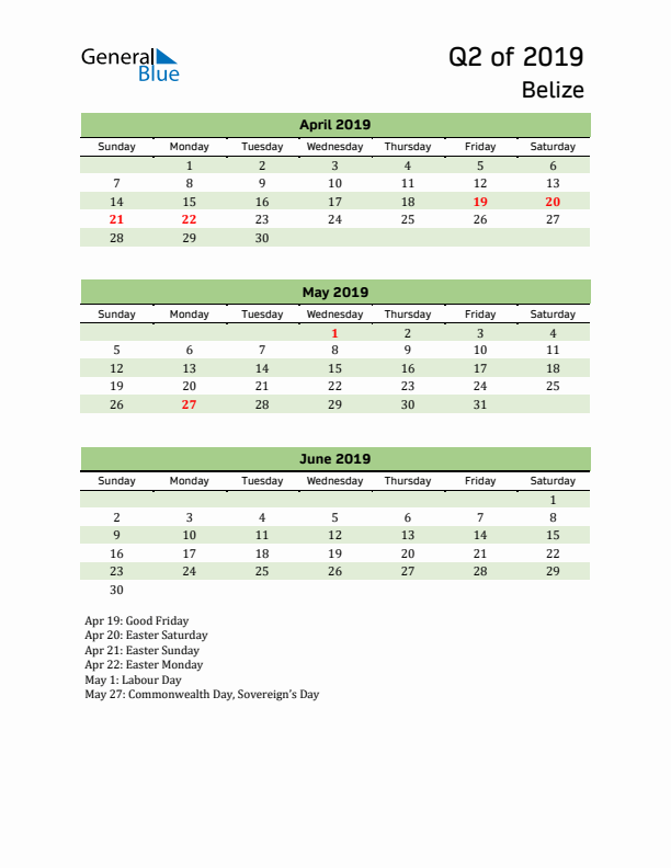 Quarterly Calendar 2019 with Belize Holidays