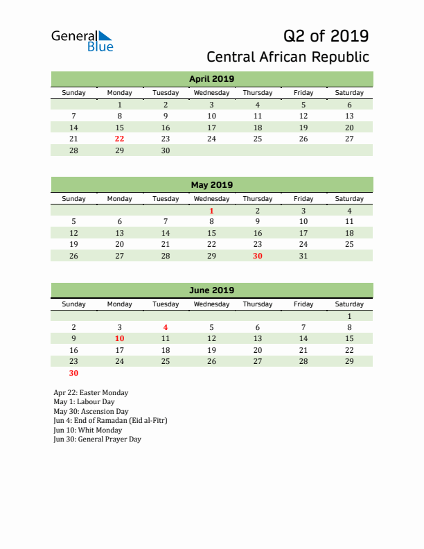 Quarterly Calendar 2019 with Central African Republic Holidays