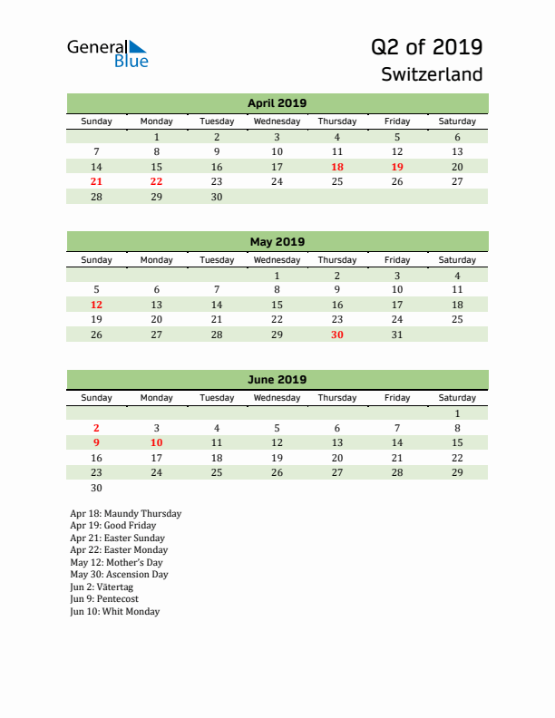 Quarterly Calendar 2019 with Switzerland Holidays