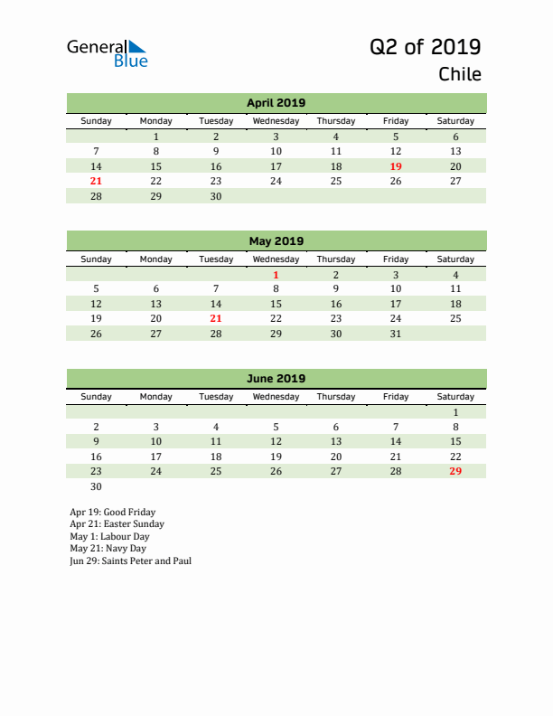 Quarterly Calendar 2019 with Chile Holidays