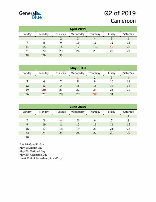 Quarterly Calendar 2019 with Cameroon Holidays