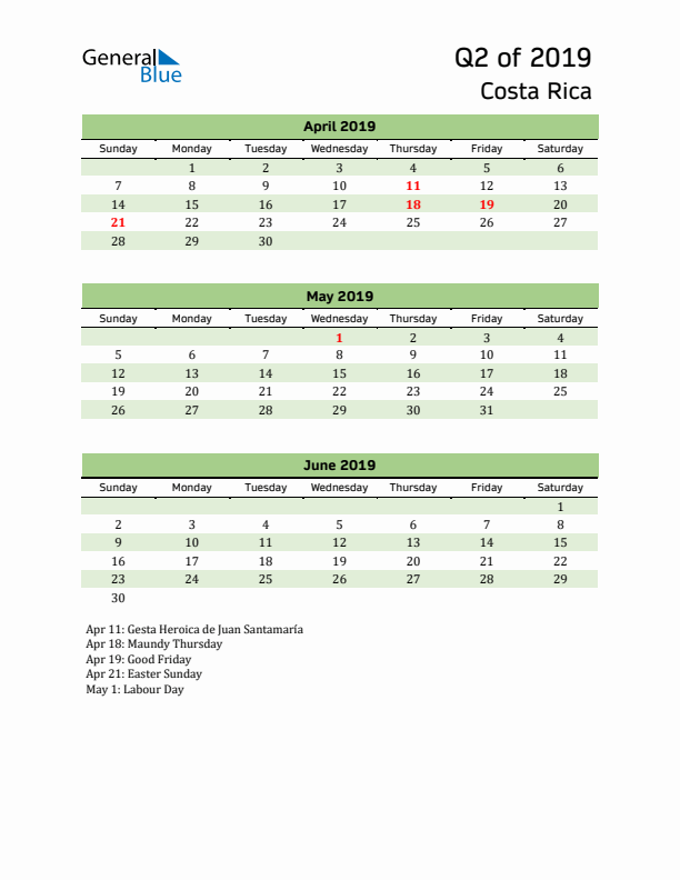 Quarterly Calendar 2019 with Costa Rica Holidays