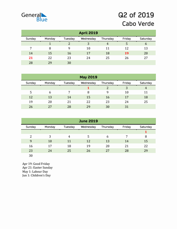 Quarterly Calendar 2019 with Cabo Verde Holidays