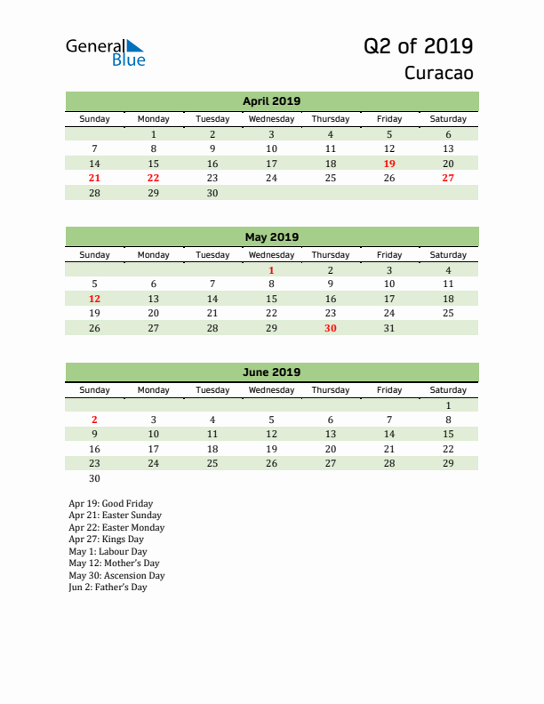 Quarterly Calendar 2019 with Curacao Holidays