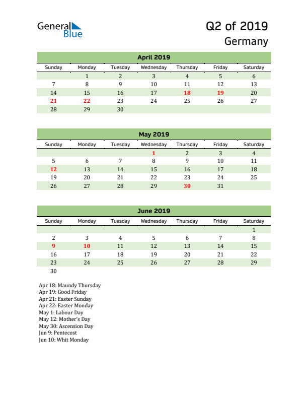 Quarterly Calendar 2019 with Germany Holidays