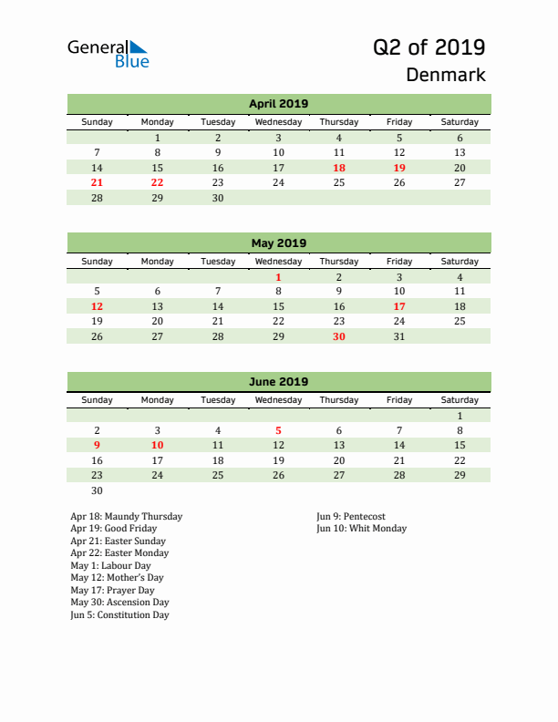 Quarterly Calendar 2019 with Denmark Holidays