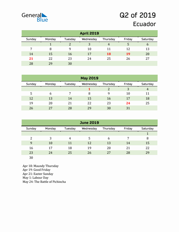 Quarterly Calendar 2019 with Ecuador Holidays