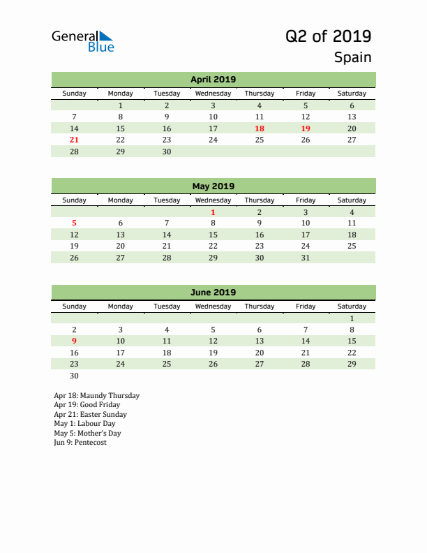 Quarterly Calendar 2019 with Spain Holidays