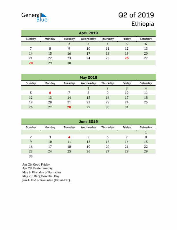 Quarterly Calendar 2019 with Ethiopia Holidays