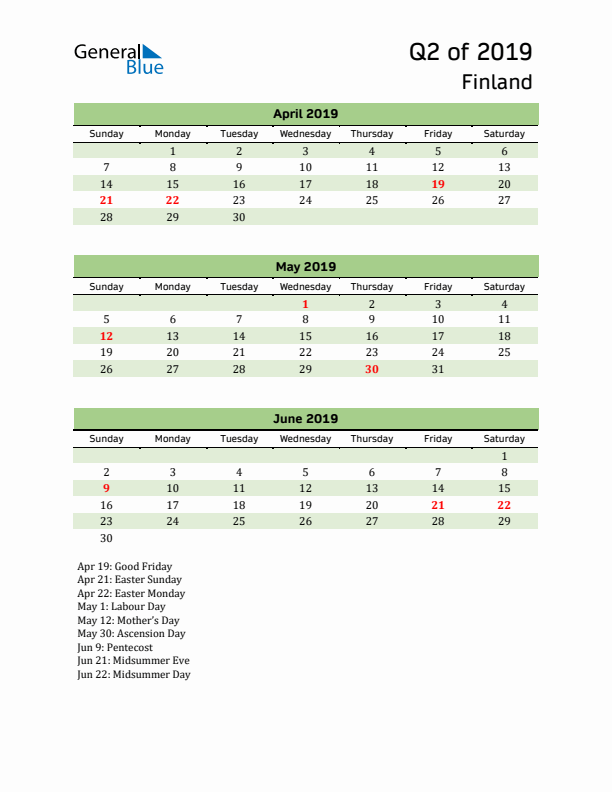 Quarterly Calendar 2019 with Finland Holidays