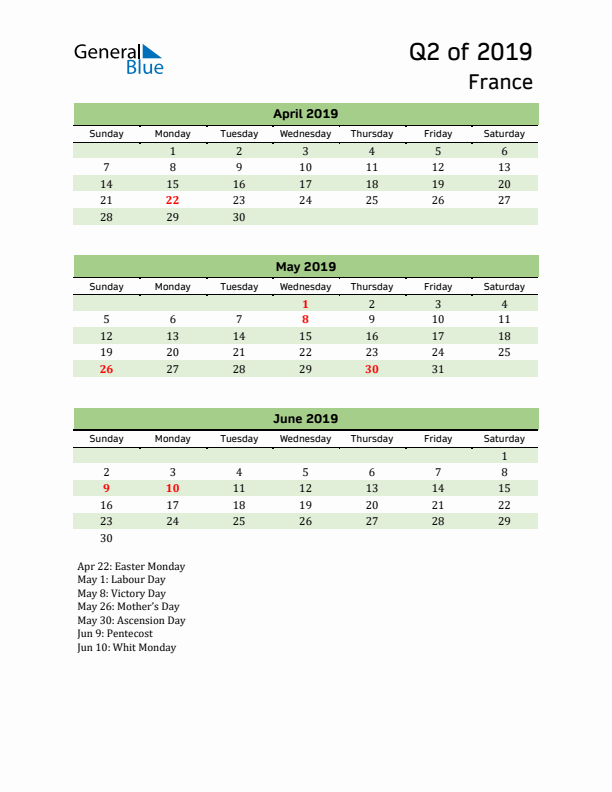 Quarterly Calendar 2019 with France Holidays