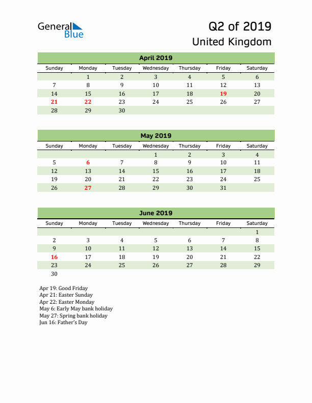 Quarterly Calendar 2019 with United Kingdom Holidays