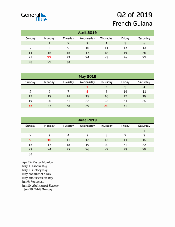 Quarterly Calendar 2019 with French Guiana Holidays