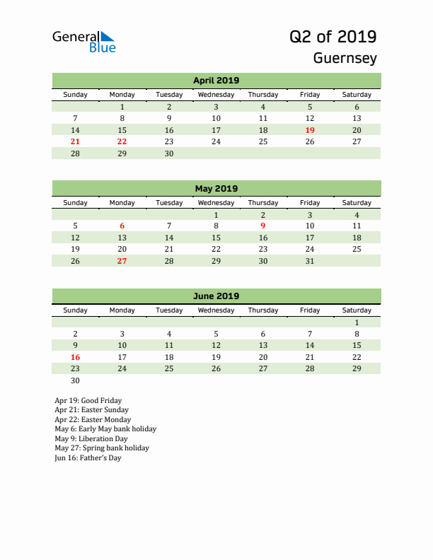 Quarterly Calendar 2019 with Guernsey Holidays