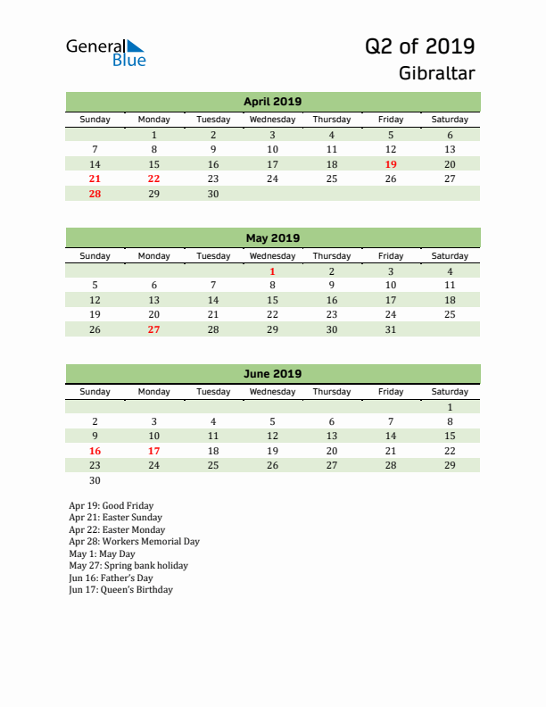 Quarterly Calendar 2019 with Gibraltar Holidays