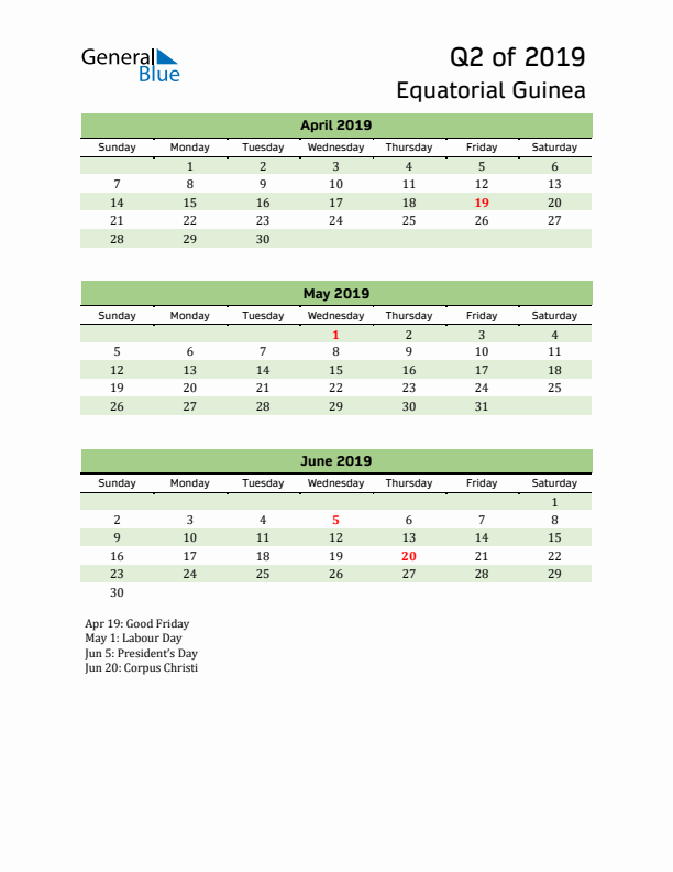 Quarterly Calendar 2019 with Equatorial Guinea Holidays