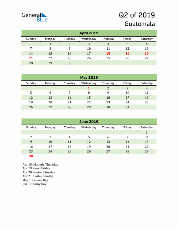 Quarterly Calendar 2019 with Guatemala Holidays