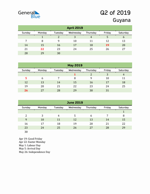 Quarterly Calendar 2019 with Guyana Holidays