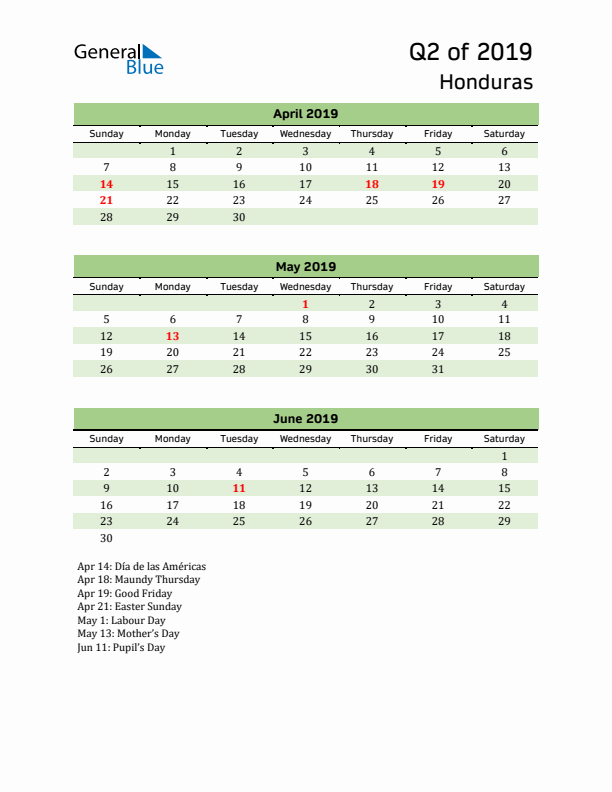 Quarterly Calendar 2019 with Honduras Holidays