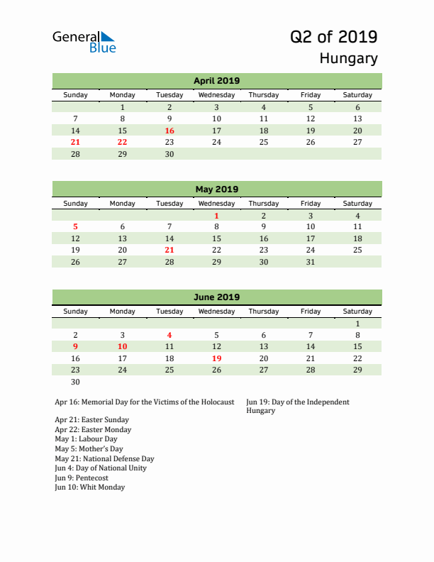 Quarterly Calendar 2019 with Hungary Holidays